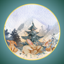 Watercolor of a winter forest scene where bunnies are decorating a Christmas tree, framed within a thin gold circle on a fading blue-grey background