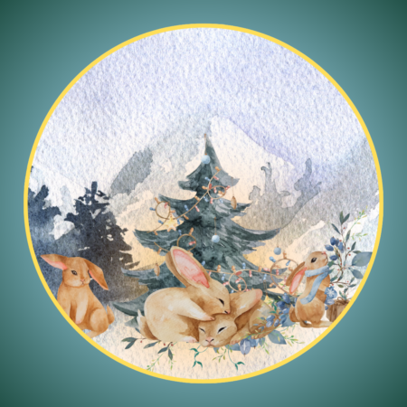 Watercolor of a winter forest scene where bunnies are decorating a Christmas tree, framed within a thin gold circle on a fading blue-grey background