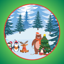 Woodland animals with winter hats and scarves gather around a Christmas tree and singing