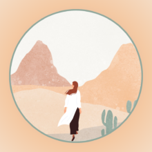 drawing of a white woman with brown shoulder-length hair, a white shirt, and black pants walking away from the viewer, towards a desert horizon