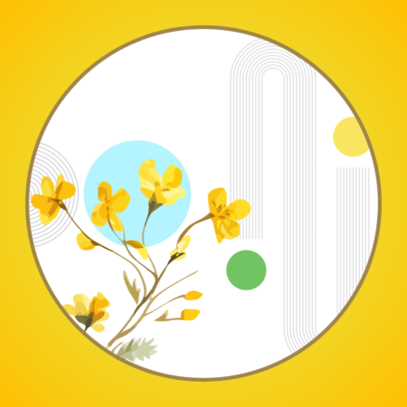 Framed in a circle within a sqaure yellow frame, a simple watercolor of yellow flowers in the bottom left of the circle, against a white background with simple circles and lines.