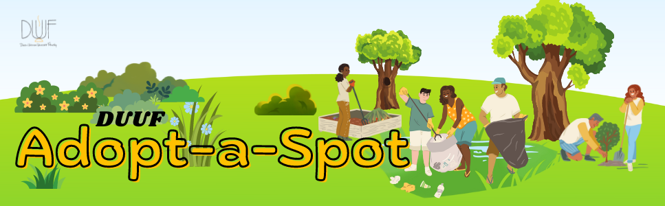 The words "DUUF Adopt-a-Spot" are visible in the lower-left corner of the banner, with the rest of the banner showing an illustration of happy people doing yard work in a green field under a blue sky.